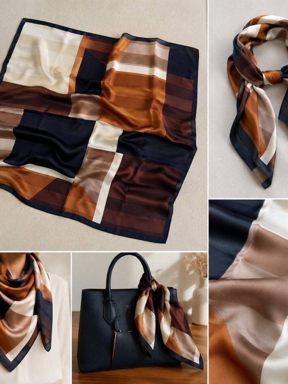 Oscar Geometric  Silk Scarf in Brown, Black & Cream 33x34